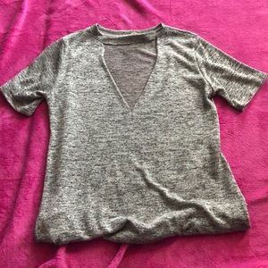 grey t-shirt with V cut out